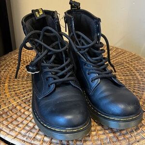 Dr. Martens Kids Black Leather Lace-Up Combat Boots with Yellow Stitching